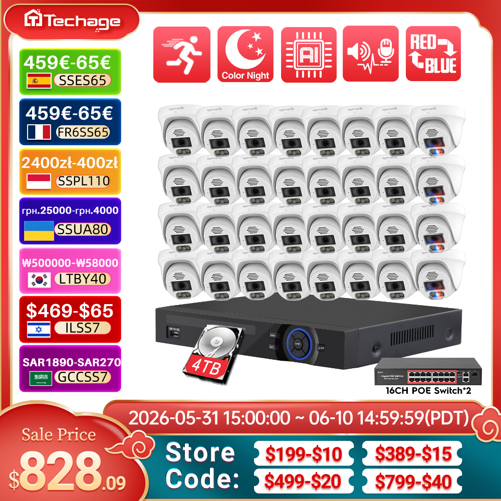 Home Security Monitoring System - Techage 36CH 4K 8MP PoE Camera
