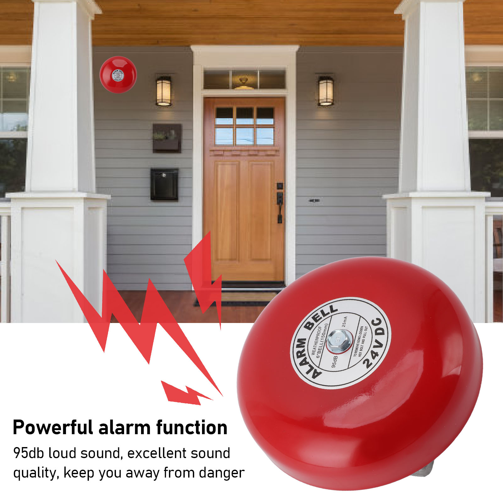 Home Security Bell - 6in Fire Alarm Bell Waterproof Portable
